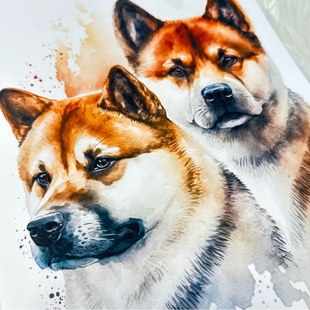 Watercolor American Akita Dogs Portrait Wall Art Illustration Print Unframed - Picture 4 of 10